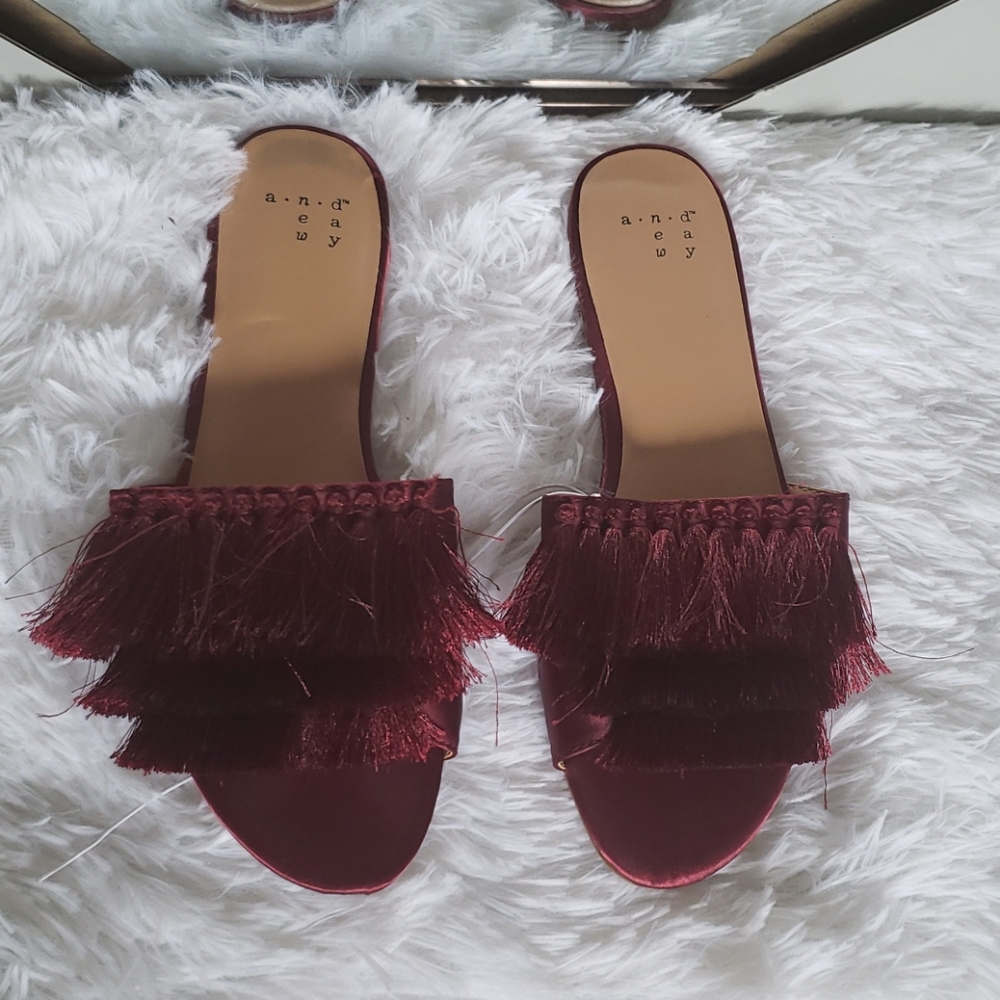 NWT A New Day Burgundy Tassels Mule Flat Sandals